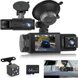 WiFi Dashcam voor Auto – 3-kanaals Draadloze Dashcam met App, Voor Binnenin Achter Camera, Full HD 1080P, 2” IPS-scherm, Nachtzicht, Bewegingsdetectie, Loopopname, 64GB-kaart Inbegrepen