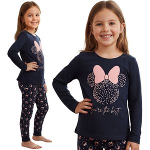 DISNEY Minnie Mouse Katoenen, donkerblauwe pyjama voor meisjes, TWEE-DELIGE pyjama met lange mouwen, 100% KATOEN