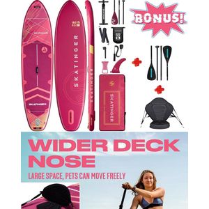 Luxe zeer complete set | Opblaasbaar Skatinger Kajak Boord | Bredere neus & extra beweegruimte SUP Board met 5cm hoog stevig zitje plus extra tweede 4 delige peddel voor kano ervaring | 2 personen; Samen Stand Up peddelen | 195 Kg belastbaar kajakken