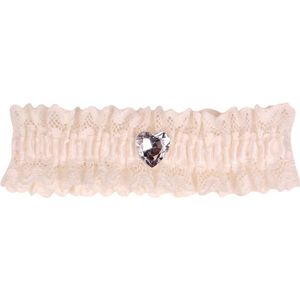 Kousenband grote maat - ivoor met kant en strass hartje