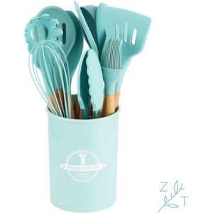 ZijTak - Keukenset -Keukengerei set - Groen Blauw - 12 stuks - Soeplepel - Ronde Schuimspaan - Tang - Wokspaan - Spatel - Spaghettilepel - Opscheplepel - Insmeerborstel - Garde - Pannenlikker - Hout - Silicone