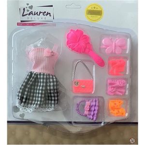 Barbie - Tienerpop Kleding Outfit Jurk + Accessoires Roze/Zwart - Handtas - Schoenen - Hakken