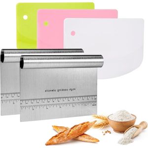 Deegsnijder en deegkaarten van roestvrij staal met meetschaal en groenteschep - Taartschraperset voor bakaccessoires (roze groen, 5 stuks)