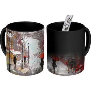 Magische Mok - Foto op Warmte Mokken - Koffiemok - Schilderij - Parijs - Eiffeltoren - Paraplu - Olieverf - Magic Mok - Beker - 350 ML - Theemok