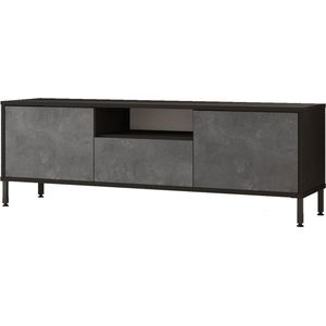 Modern TV-meubel | Melamine coating | Metalen poten | Meerdere planken | Aan de muur te bevestigen | Zilver Zwart