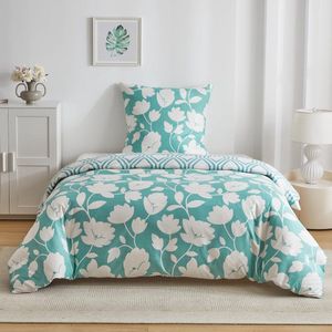 Beddengoedset, 2-delig (dekbedovertrek 155x220 cm & kussensloop 80x80 cm) - witte bloem en groen geometrisch zeshoekig design - van ademend microvezel - licht en zacht dekbed cover