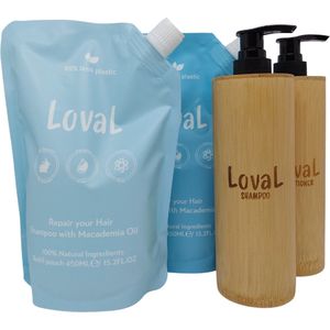 OP=OP - Loval - Geschenkset - Organische shampoo en conditioner met macadamia olie - 2 Navulzakken 450ML - Zonder sulfaten, parabenen, siliconen en minerale olieën - 2 Hervulbare Bamboe dispensers 200ML