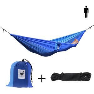 MoreThanHip - Single (reis)hangmat Everest - 1 Persoons - Incl. set touwen - blauw/donkerblauw - 180 kg draagvermogen - lichtgewicht - compact