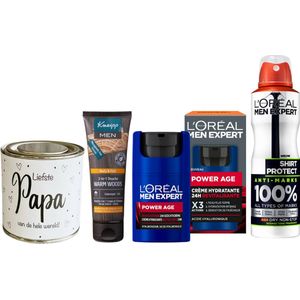 Men Expert Cadeauset Power Papa - Men Expert Power Age Creme 50 ml - Men Expert Deo Spray 150 ml Shirt Protect - Kneipp Mini 75 ml Douche Men 2-in-1 Warm Woods