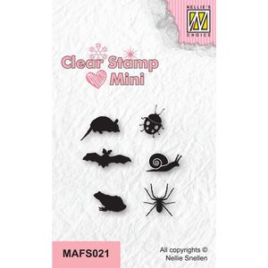 MAFS021 - Nellie Snellen Clear Stamp Critters 2 - stempels mini insecten - kleine diertjes smal stempel - spin, vleermuis, kikker, muis, lieveheersbeestje, slak