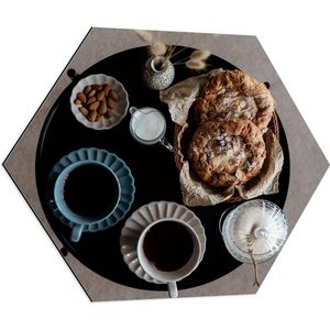 Dibond Hexagon - Koffie - Melk - Suiker - Amandelen - Brood - Tafel - 80x69.6 cm Foto op Hexagon (Met Ophangsysteem)
