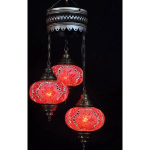 Turkse Lamp - Hanglamp - Mozaïek Lamp - Marokkaanse Lamp - Oosters Lamp - Authentiek - Handgemaakt - Kroonluchter - Rood - 3 bollen