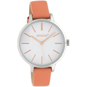OOZOO Timepieces - Zilverkleurige horloge met perzik roze leren band - JR311