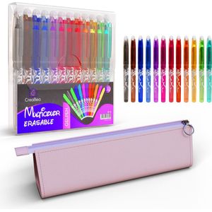 CreaBea Pennenset met Etui voor Meisjes - Rollerball Pennen voor School - Uitwisbaar - Gelpennen voor Volwassen en Kinderen - Vullingen Vervangbaar - Etui Leer Roze - 12 Kleuren