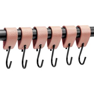 Brute Strength - Leren S-haak hangers - Roze - 6 stuks - 12,5 x 2,5 cm – Zwart zilver – Leer - handdoekhaakjes - Ophanghaken – kapstokhaak