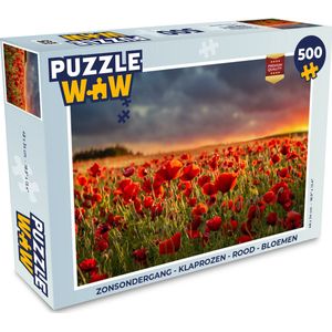 Puzzel Zonsondergang - Klaprozen - Rood - Bloemen - Veld - Natuur - Legpuzzel - Puzzel 500 stukjes