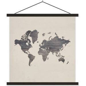 Posterhanger incl. Poster 90x90 cm - Schoolplaat - Wereldkaart - Hout - Beige - Textielposter - Zwarte latten