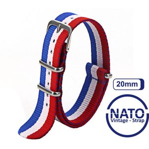 20mm Nato Strap Rood Wit Blauw streep - Nederland - Frankrijk - Vintage James Bond - Nato Strap collectie - Mannen - Horlogebanden - 20 mm bandbreedte voor oa. Seiko Rolex Omega Casio en Citizen