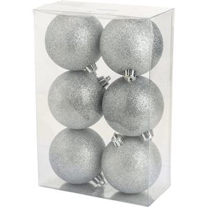 Cosy @Home Kerstballen Zilver glitter ø 8 cm - 6 Stuks