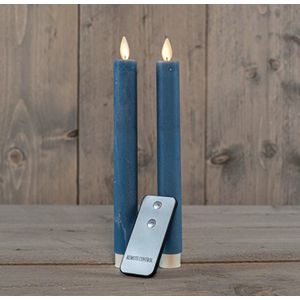 LED kaarsen met bewegende vlam 2x - Blauw - Blue - Afstandsbediening - Dinerkaars rustiek wax 23 cm - LED kaars batterij