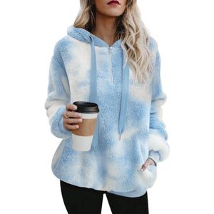 Oversized Sherpa Pullover Hoodie met Zakken - Fuzzy Fleece Sweatshirt (Blauw Wit, 3XL)