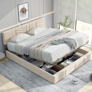 Sweiko Gestoffeerd bed 140*200 met lattenbod en hoofdeinde, gestoffeerd bed met in hoogte verstelbare hoofdeinde, voor volwassenen en tieners, houten lattensteun, gemakkelijke installatie, Beige