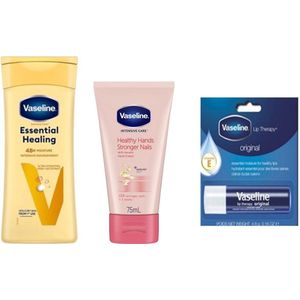 Vaseline Essential Healing Set - Bodylotion 400 ml / Lippenbalsem Stick / Handcreme - Healthy Hands & Stronger Nails 75 ml