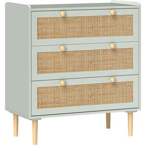Ladekast met 3 laden, dressoir in boho-stijl, rotanlook, ladekast voor woonkamer, slaapkamer, lichtgroen 80 x 40 x 87,5 cm