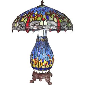 LumiLamp Tiffany Tafellamp Ø 46*65 cm E27/max 2*40W E14/max 1*7W Blauw, Rood Glas, Zink Tiffany Bureaulamp Tiffany Lampen
