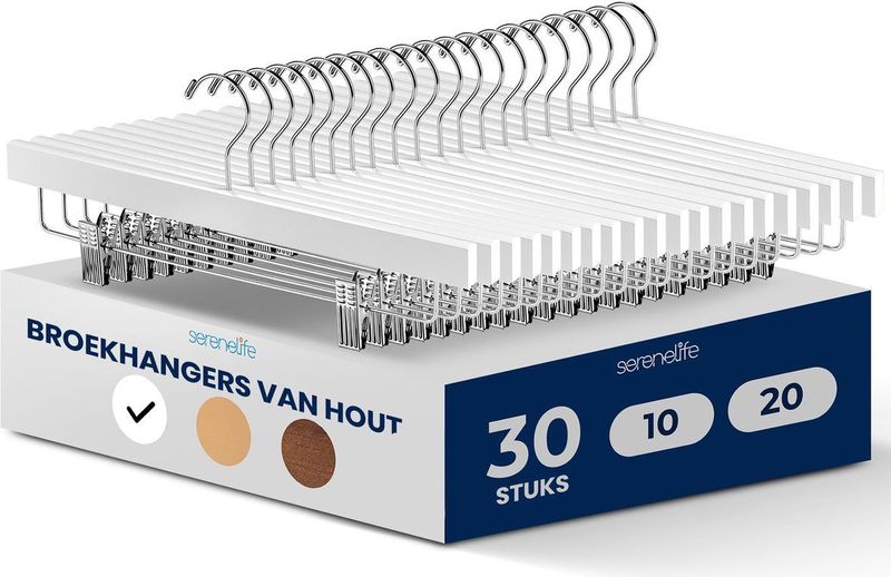 Serenelife - Houten Kleerhangers - Natuurlijk Hout - 10 Stuks - Met Klemmen