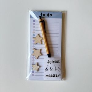 Bedankje Meester | Afscheidscadeau schooljaar | To do blok + bamboe pen met leukste meester | Cadeau meester juf