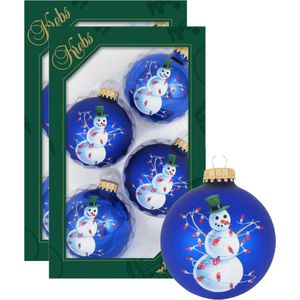 8x stuks luxe glazen kerstballen 7 cm blauw met sneeuwpop - Kerstversiering/kerstboomversiering