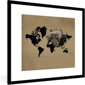 Fotolijst incl. Poster - Wereldkaart - Olifant - Bruin - 40x40 cm - Posterlijst