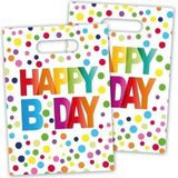 32x stuks Happy B-day verjaardag feestzakjes met stippen 22 cm - Traktaties snoepzakjes/cadeauzakjes/uitdeelzakjes