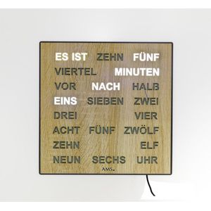 AMS wandklok 1237 - Woordklok 28x28 hout met Duitse Tekst