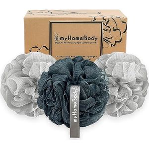 Grote loofah spons 70 g - Exfoliërende badspons met actieve houtskool - 3 stuks in mistgrijs en nachtblauw