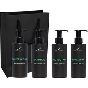 Compleet pakket Fresh Ginger - Shower & Wash + Shampoo + Bodylotion + Handzeep - 300 ml per fles - complete set van 4 stuks - met luxe gift tas - cadeau - giftset voor hem en haar