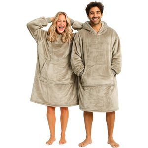 Badrock Hoodie deken - Beige capuchon deken - Extra Lang 120cm - fleece deken met mouwen en capuchon – Oversized hoodie deken met mouwen – Draagbare deken - Fleece TV deken – Plaid met mouwen – Warm & zacht – Fleece poncho - Beige