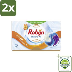 Robijn - 3-in-1 Stralend Wit - Wascapsules - 15 Wasbeurten - Voordeelverpakking - 2 stuks - Witte was - Wascapsules