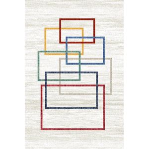Geometrisch vloerkleed - 200x300cm - Blauw/Rood/Beige - Modern - Wol- Woonkamer - Kantoor - Laagpolig - Carpet
