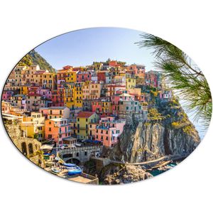 WallClassics - Dibond Ovaal - Gekleurde Huizen op de Berg - Italië - 68x51 cm Foto op Ovaal (Met Ophangsysteem)