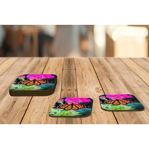 Onderzetters voor glazen - Vlinder - Botanisch - Bloemen - 10x10 cm - Glasonderzetters - 6 stuks