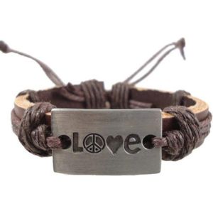 Fako Bijoux® - Leren Armband - Leder - Love Peace - Bruin