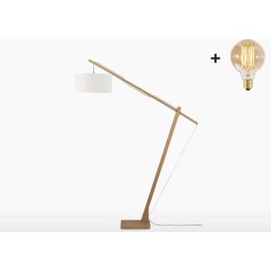 Vloerlamp - MONTBLANC - Bamboe Voetstuk (h. 220 cm) - Wit Linnen - Met LED-lamp