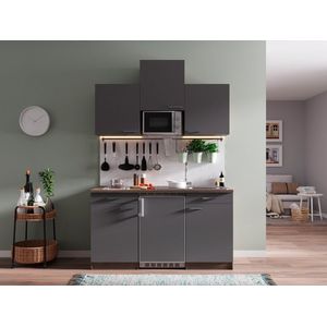 Goedkope keuken 150  cm - complete kleine keuken met apparatuur Oliver - Donker eiken/Grijs - keramische kookplaat  - koelkast  - magnetron - mini keuken - compacte keuken - keukenblok met apparatuur