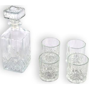 Whiskey Karaf Set met Glazen - Karaf van 900ml en 4 Glazen van 230ml - Glas - Cadeau voor Man - Drank & Baraccessoires - Whiskeyaccessoires