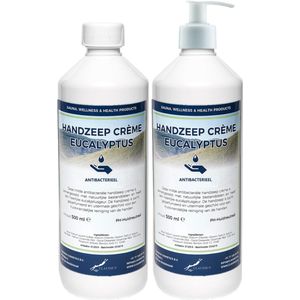 Handzeep Crème Eucalyptus 500 ml - set van 2 stuks - met gratis pomp - Voordeelverpakking