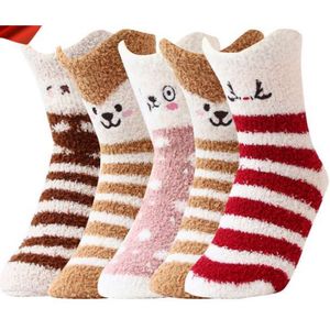 Fluffy dames sokken - 3 paar - huissokken - bruin - wit - rood - mix - random - leuke print - 36 -40 - cadeau voor haar - geschenk vrouwen - gift - zacht