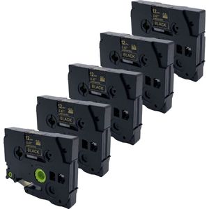 DULA Brother Compatible label tape- Tze-334 - 5 cassettes - Brother P-Touch - Goud op zwart - 12mm x 8m