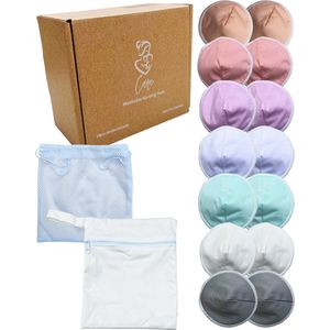 Care-Borstcompressen - Zoogcompressen wasbaar - borstvoeding pads - Incl. wasmachine zakje en Opbergzakje - Doorsnede 12 cm - 14 stuks